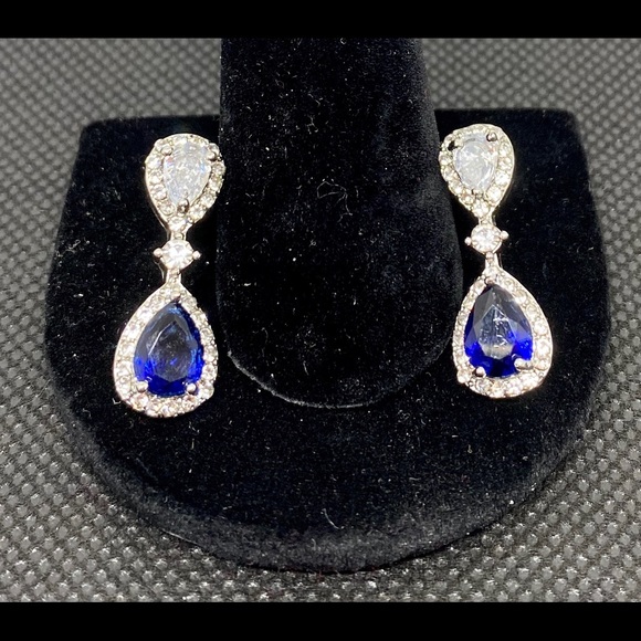 18k White Gold Natural Sapphire & CZ Earrings - Picture 2 of 5